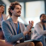 Happy entrepreneur applauding after successful business seminar in conference hall.